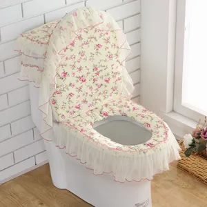 Bloemen kant toiletzitting hoes set van 3 met rits, stoffen badkamer mat decor.