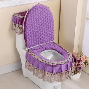 Juego de funda de inodoro de terciopelo italiano con volantes de encaje, alfombra morada.