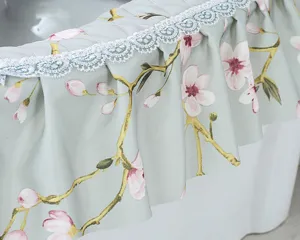 Fabric toilet tank cover detail featuring pastoral floral print and delicate white lace trim.