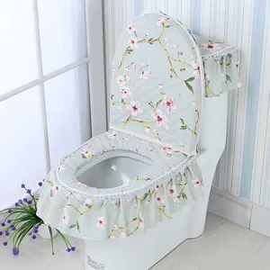 Floral fabric toilet seat cover three piece set pastoral style thick warm for four seasons