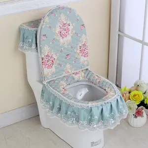 Gesteppter Toilettenanzug 3 teilig mit Blumenmuster Badezimmer WC Sitzbezug Spitzenrand