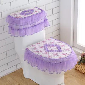 Paarse bloemige kant toiletzitting hoes 3-delige set waterdicht stofdicht badkamer decor