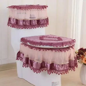 Korean style velvet lace toilet seat cover set three pieces bathroom dustproof decor