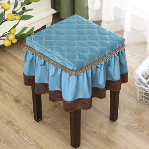 Quilted square stool cover with decorative skirt and floral lace, home decor fabric cushion.
