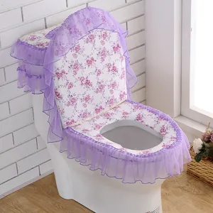 Paarse bloemige toiletbrilhoes set met kanten volant, driedelige badkamerdecoratie