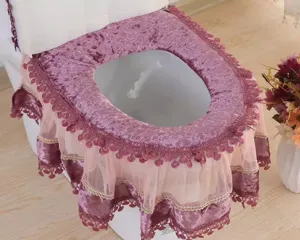 Close-up detail of the purple velvet lace toilet seat cover showcasing delicate mesh ruffles.