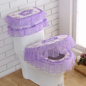 Paarse bloemen kant toiletzitting hoes 3-delige set met rits stofdicht waterdicht
