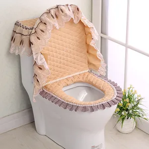 Fabric quilted toilet seat cover three piece set with lace ruffles and plaid trim for bathroom decor
