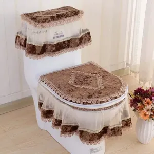 Korean style velvet lace toilet seat cover 3 piece set, soft warm bathroom mat decor.