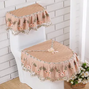 Fundas para asiento de inodoro acolchadas y bordadas en beige, con encaje y flores.
