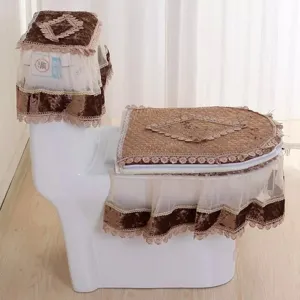 Korean style velvet lace toilet seat cover set, elegant bathroom decor and dustproof mat.