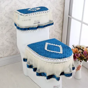 Korean style gold velvet lace toilet cover set, dustproof three-piece bathroom decor.