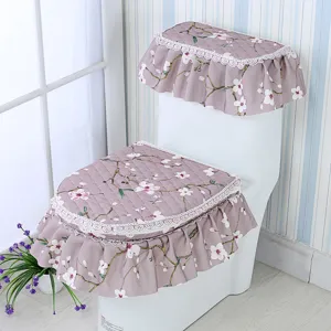 Pastoral style thickened fabric toilet seat cover three piece set cozy bathroom decor item.