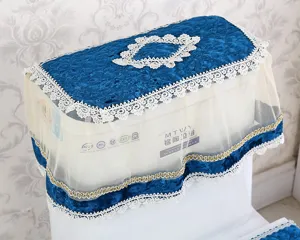 Korean style blue velvet lace toilet lid cover dust protector elegant bathroom decor item