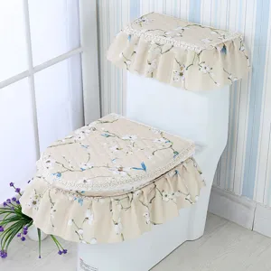 Pastoral Floral Print Fabric Toilet Seat Cover Tank Lid Mat 3-Piece Set Home Warm