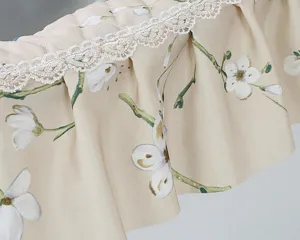 Detailed view of floral fabric and delicate white lace trim for pastoral home decor.