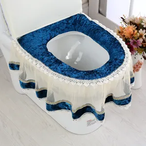 Korean style blue velvet lace toilet seat cover soft warm plush bathroom mat set