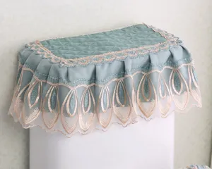 Detailed view of the elegant quilted fabric toilet lid dust cover with lace trim.