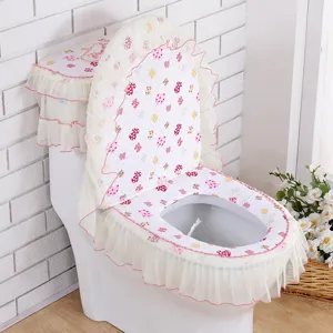 Kant toiletzittinghoes 3-delig set, schattig strik bloemenprint, stofdicht wasbaar badkameraccessoire