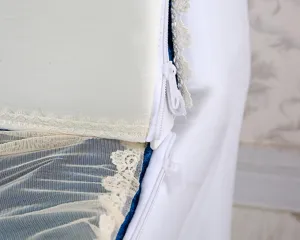 Detailed view of a Korean style plush velvet lace toilet seat cover with white zipper.