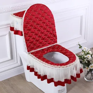 Red quilted toilet seat cover set with lace ruffle, 3-piece bathroom decor fabric.