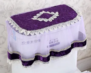 Purple velvet toilet tank cover featuring elegant white lace and sheer mesh design details.