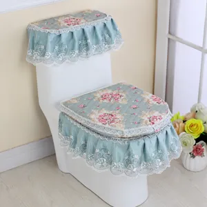 Europäischer Blumen Toilettensitzbezug Dreiteiliges Set Gesteppte Spitzenstickerei Staubdicht Badezimmer Matten Set