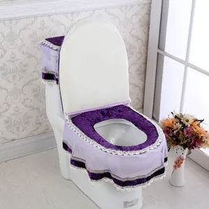 Korean style purple velvet lace toilet seat cover set 3 pieces bathroom dustproof decor