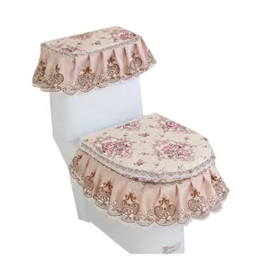 Rosa floraler Spitzen-Toilettensitzbezug 3-teiliges Set mit Tankabdeckung und Reißverschluss.