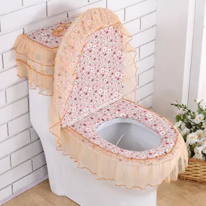 Bloemig 3-delig toiletzitting hoes set met mesh kanten volants voor badkamerdecoratie.