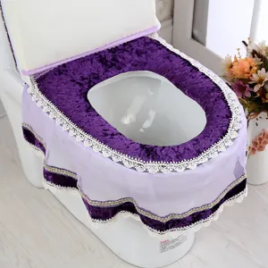 Detailed view of luxury purple velvet lace toilet seat cover set, elegant bathroom decor.