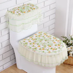 Bloemig toiletzitting hoes set met kanten volants, comfortabele stof voor badkamer decoratie.