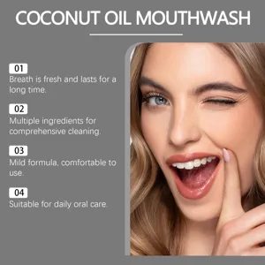 Coconut oil mouthwash detail showing fresh breath and comprehensive oral care benefits.
