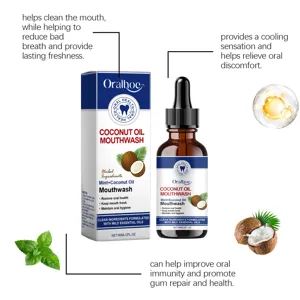 ORALHOE coconut oil mouthwash detail shot showing key herbal ingredients and oral care benefits.
