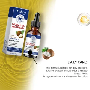 Detail view of Oralhoe coconut oil mouthwash with dropper, showing herbal formula and ingredients.