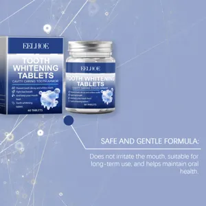 Detailed view of EELHOE teeth whitening tablets, showing clean packaging and tablet formula info.