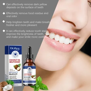 Oralhoe coconut oil mouthwash detail showing fresh breath and clean teeth formula