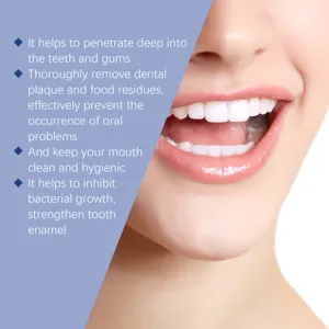 Detailed view of clean white teeth and fresh breath mouthwash tablets oral care features.