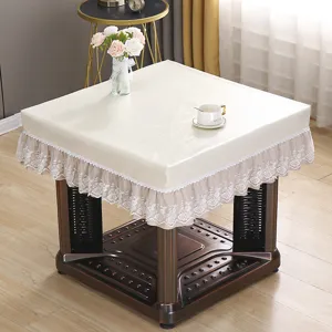 Waterproof PU Leather Tablecloth with Lace Border Dustproof Table Cover for Mahjong Table Coffee Table Grill