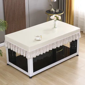 Waterproof PU Tablecloth Beige Coffee Table Cover with Lace Ruffle Dustproof Dining Cover