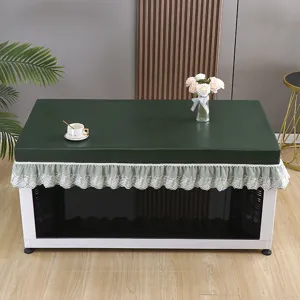 Dark green PU leather mahjong table cover with lace skirt, waterproof and heat resistant.