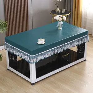 Dark green PU leather coffee table cover with elegant white lace skirt detail home decor