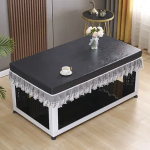 PU leather table cover with lace ruffle, waterproof dustproof coffee table protector for home.