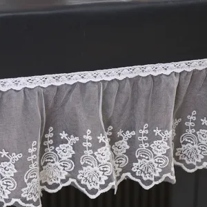 White lace tablecloth detail shot, exquisite floral embroidery, elegant home decor table cover.