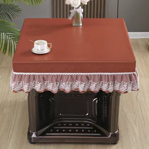 Waterproof PU leather electric stove cover with white lace skirt for home mahjong table use.