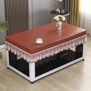 PU leather table cover with lace hem, waterproof dustproof coffee table protector cloth
