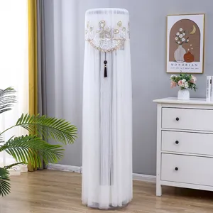 Detailed view of the elegant white lace standing air conditioner dust cover with floral embroidery.