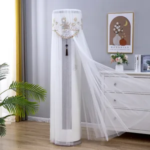 Cylindrical floor-standing air conditioner dust cover, white lace mesh floral embroidery.