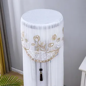 Vertical cylindrical air conditioner cover with elegant embroidery lace mesh design for home decor.