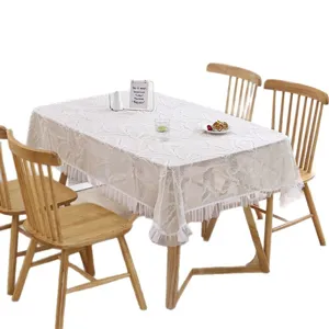 Mantel de encaje blanco elegante estilo francés antipolvo para mesa de comedor principal.